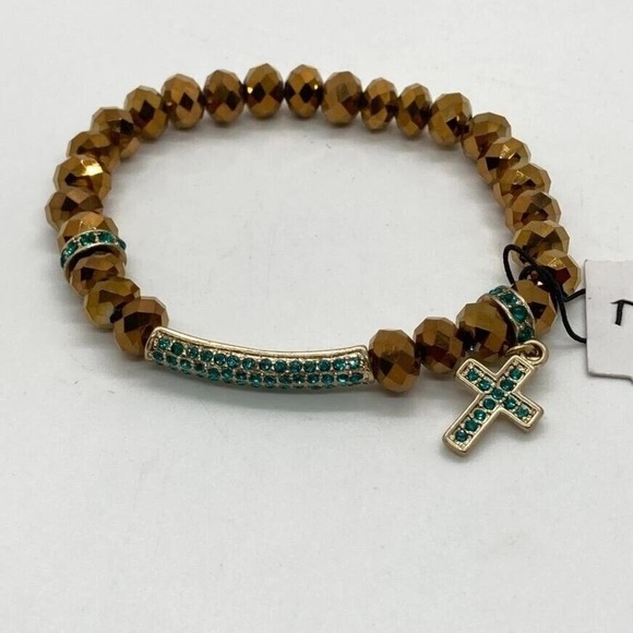 APT. 9 Gold Tone Stretch Bracelet with Faceted Beads & Green Pave Cross Charm - Picture 10 of 13